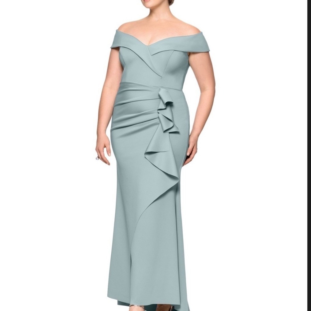Xscape Gown Womens 14 New Sage Green Off Shoulder Ruffle Maxi Dress MSRP $249